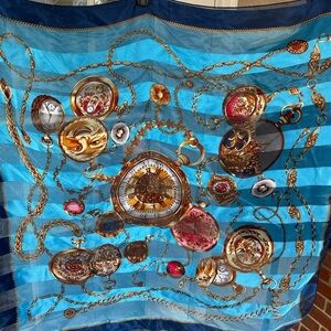 Vintage Style Blue Silky Scarf Gold Chain Pocket Watch Baroque